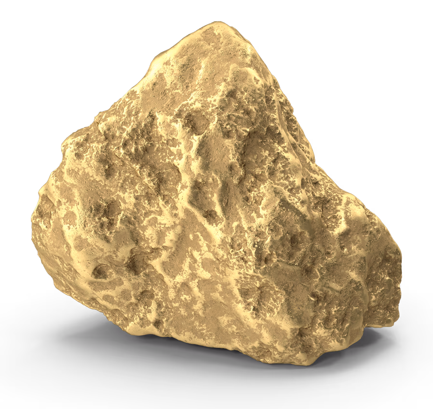 A close-up of a rough, irregularly shaped gold nugget on a black background.
