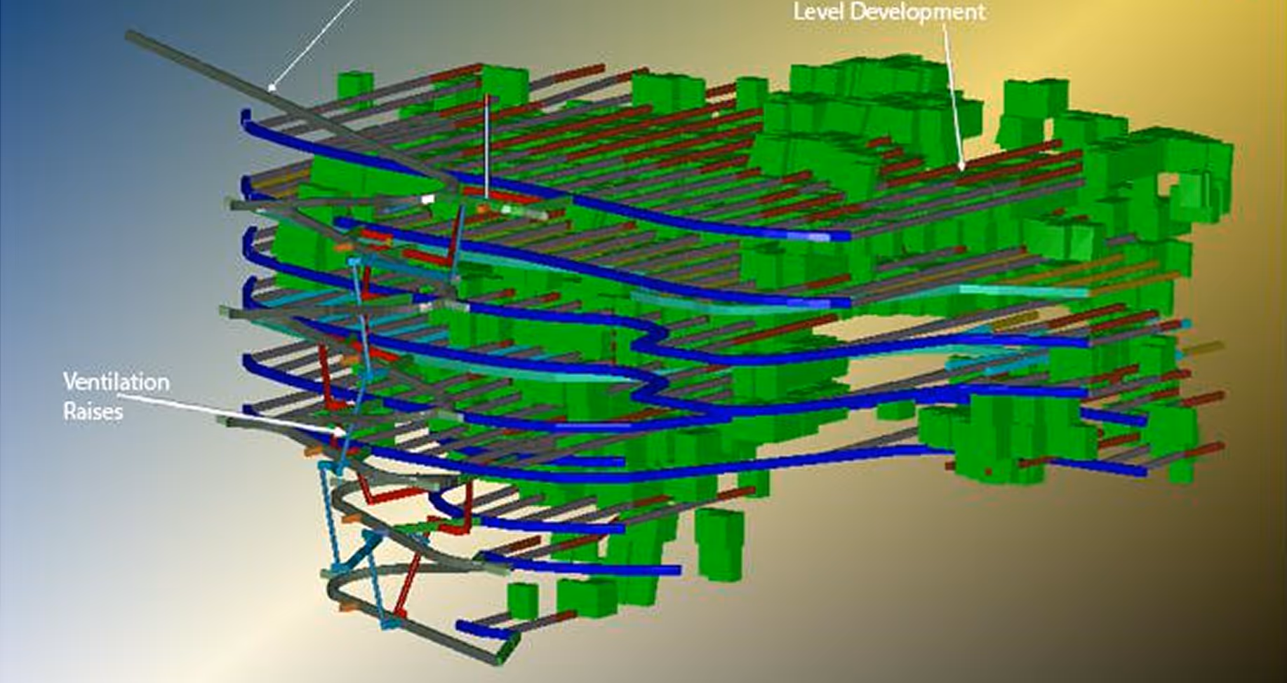 3D mine layout showing green blocks labeled 'Level Development' and lines labeled 'Ventilation Raises' with blue, red, and gray pathways.