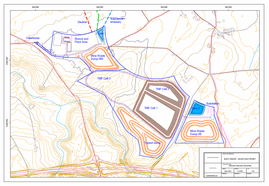 Topographic map of Black Dragon - Salave Gold Project showing mine waste dumps NW and SE, TMF Cells 1, 2, and 3, topsoil dump, boxcut and plant area, dams, gatehouse, substation, decline, and submarine emissary.