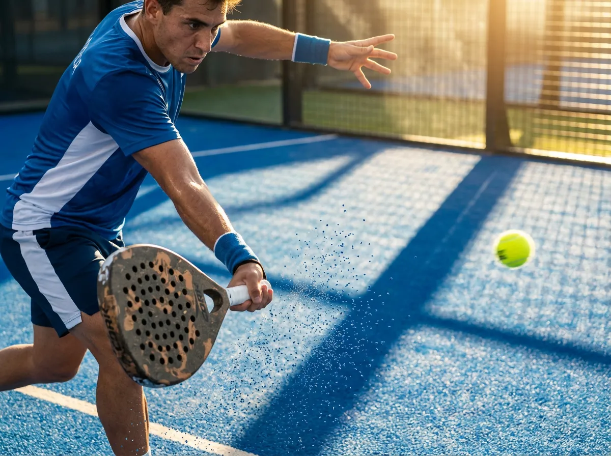 Padelspieler führt einen kraftvollen Volley auf einem blauen Outdoor-Padelcourt aus