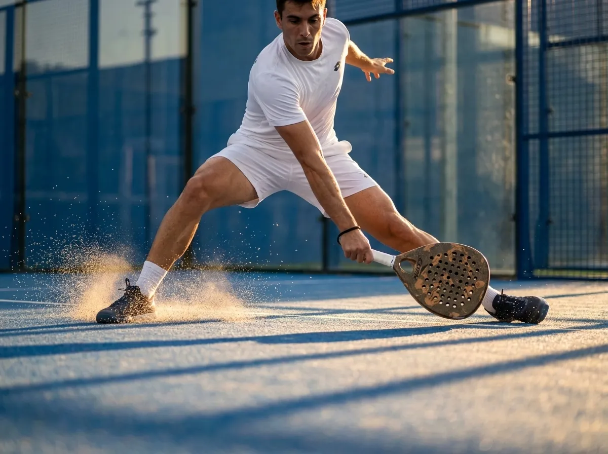 Padelspieler führt einen tiefen Rückhand-Volley auf dem Court aus