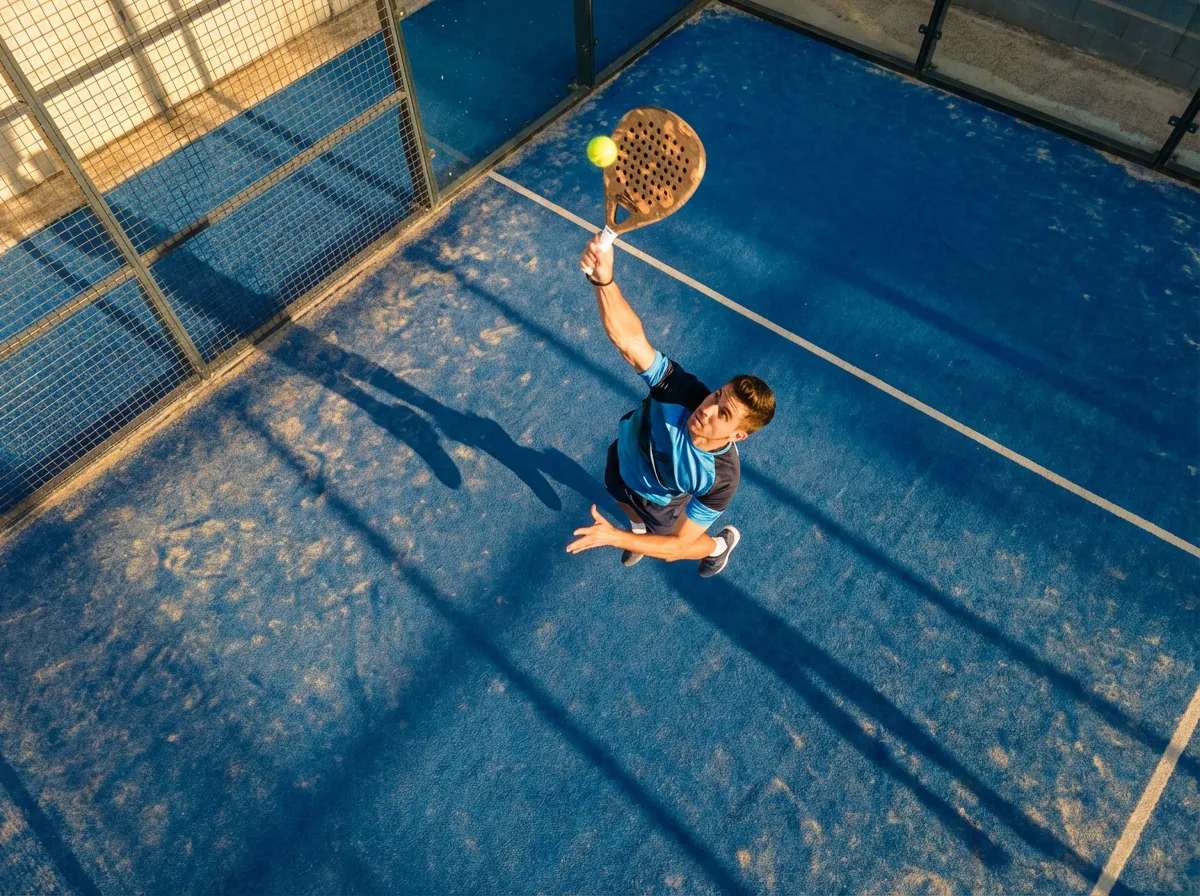 Padelspieler schlägt einen Smash auf dem Court aus der Vogelperspektive