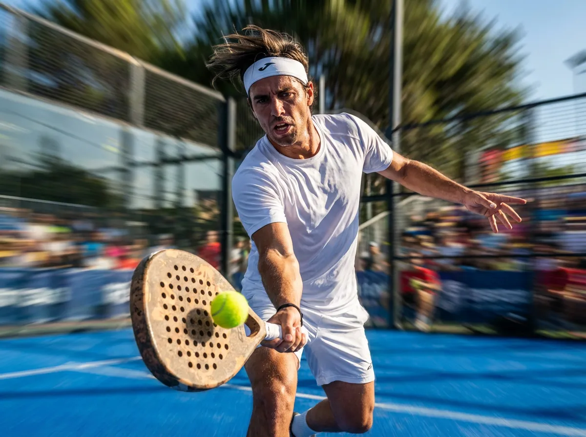 Padelspieler trifft einen Ball mit dem Schläger während eines schnellen Spiels auf dem Outdoor-Court