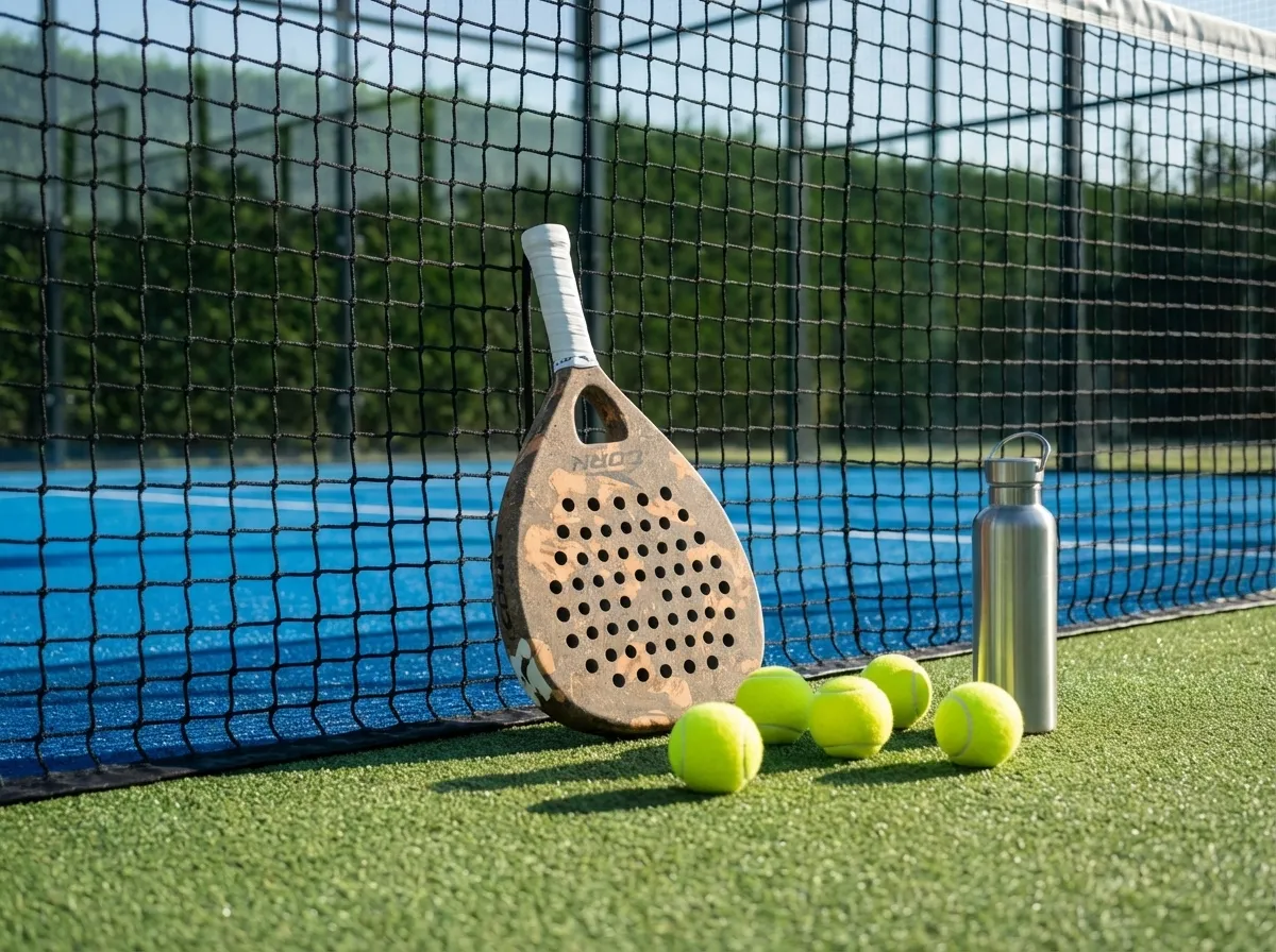 Padelschläger und Tennisbälle am Netz auf einem Outdoor-Padelplatz
