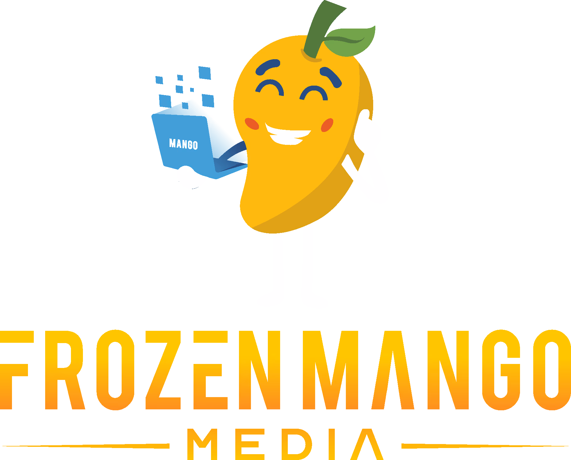 Mosolygó rajzfilm mangó kék kártyát tart 'MANGO' felirattal, alatta „Frozen Mango Media" szöveg.