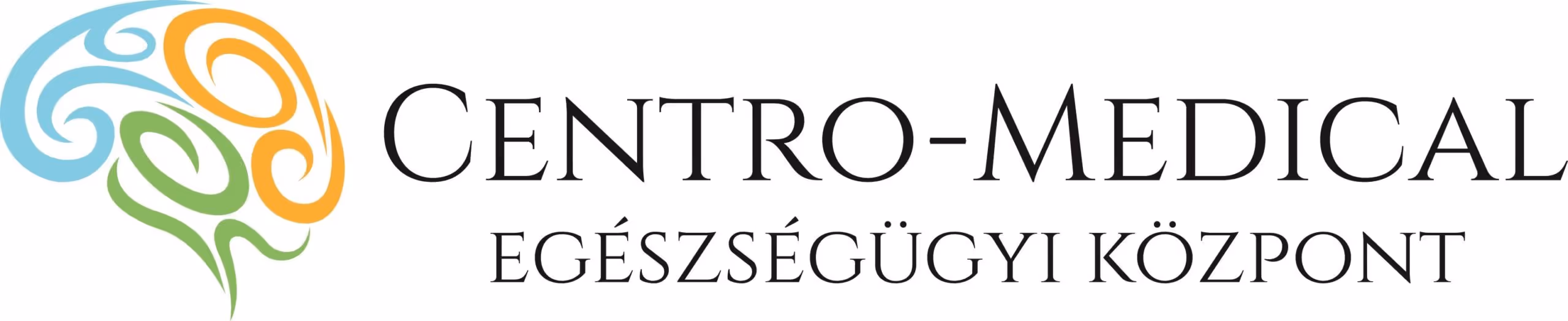 Centro-Medical logó stilizált agy grafikával kék, narancssárga és zöld színekben, magyar alcímmel.