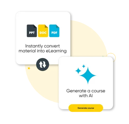 Two white squares on a yellow background: one shows icons for PPT, DOC, and PDF file types with text 'Instantly convert material into eLearning', the other has blue sparkling stars and text 'Generate a course with AI' with a yellow button labeled 'Generate course'.