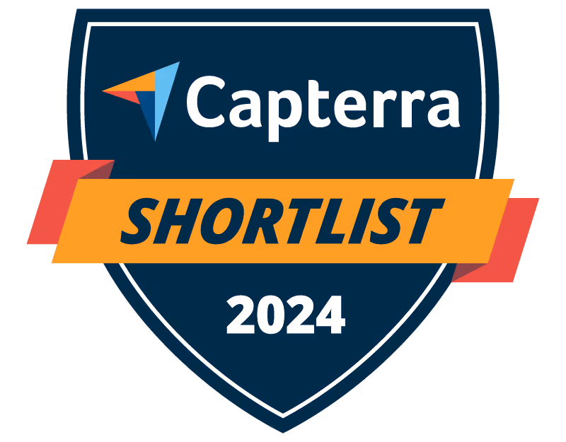 Capterra Shortlist 2024 blue shield badge with orange ribbon.