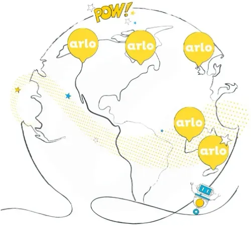 Sketch of the Earth with five yellow location markers labeled 'arlo' across North and South America, and a small cartoon robot near the bottom right, with the word 'POW!' above the globe.