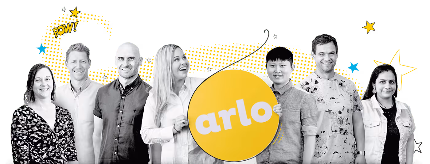Seven diverse people standing in a row, one holding a large yellow circle with 'arlo' written on it, with decorative stars and a 'POW!' graphic in the background.