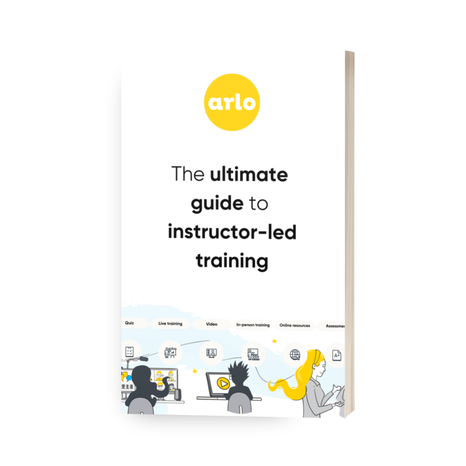 Cover of a guide titled 'The ultimate guide to instructor-led training' with illustrations of people learning via video and live sessions.
