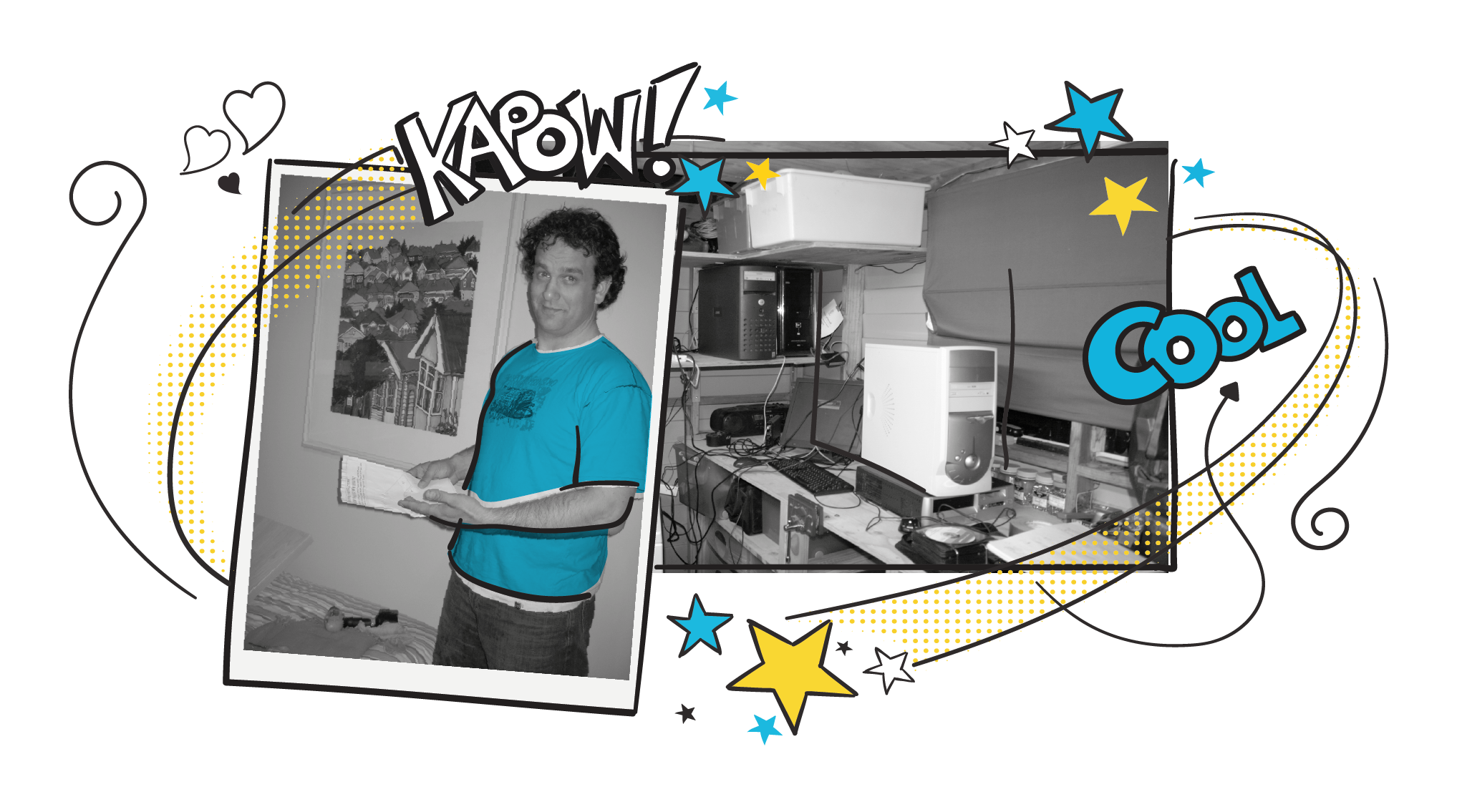Black-and-white photo of a man in a teal shirt holding papers beside a vintage computer setup in a cluttered room, with comic-style text 'KAOW!' and 'COOL' and decorative stars around.