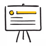 Illustration of a tripod easel holding a presentation board with yellow and black chart elements
