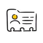 Black delivery truck icon with a yellow circle on the cab and horizontal lines representing text on the cargo area.