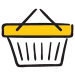Black shopping basket with a yellow handle on a white background.