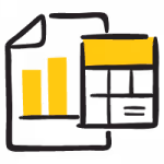 Icon of two documents with a yellow bar chart and a calculator with yellow display.
