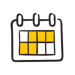 Calendar icon with yellow squares representing days arranged in a 2-3-2 pattern on a black background.