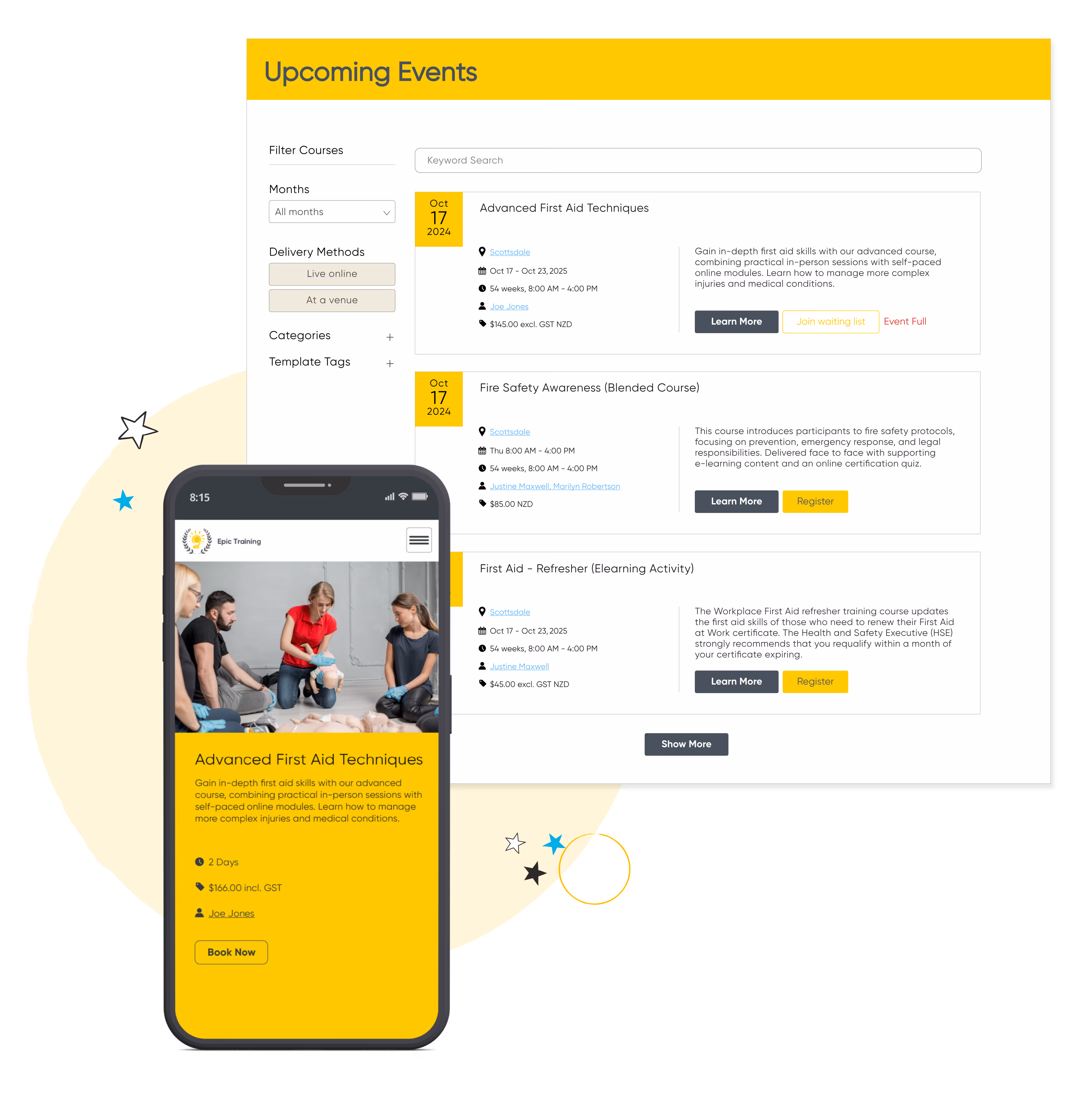 Upcoming events webpage listing Advanced First Aid Techniques, Fire Safety Awareness, and First Aid Refresher courses with details and registration options, alongside mobile view showing Advanced First Aid Techniques course.