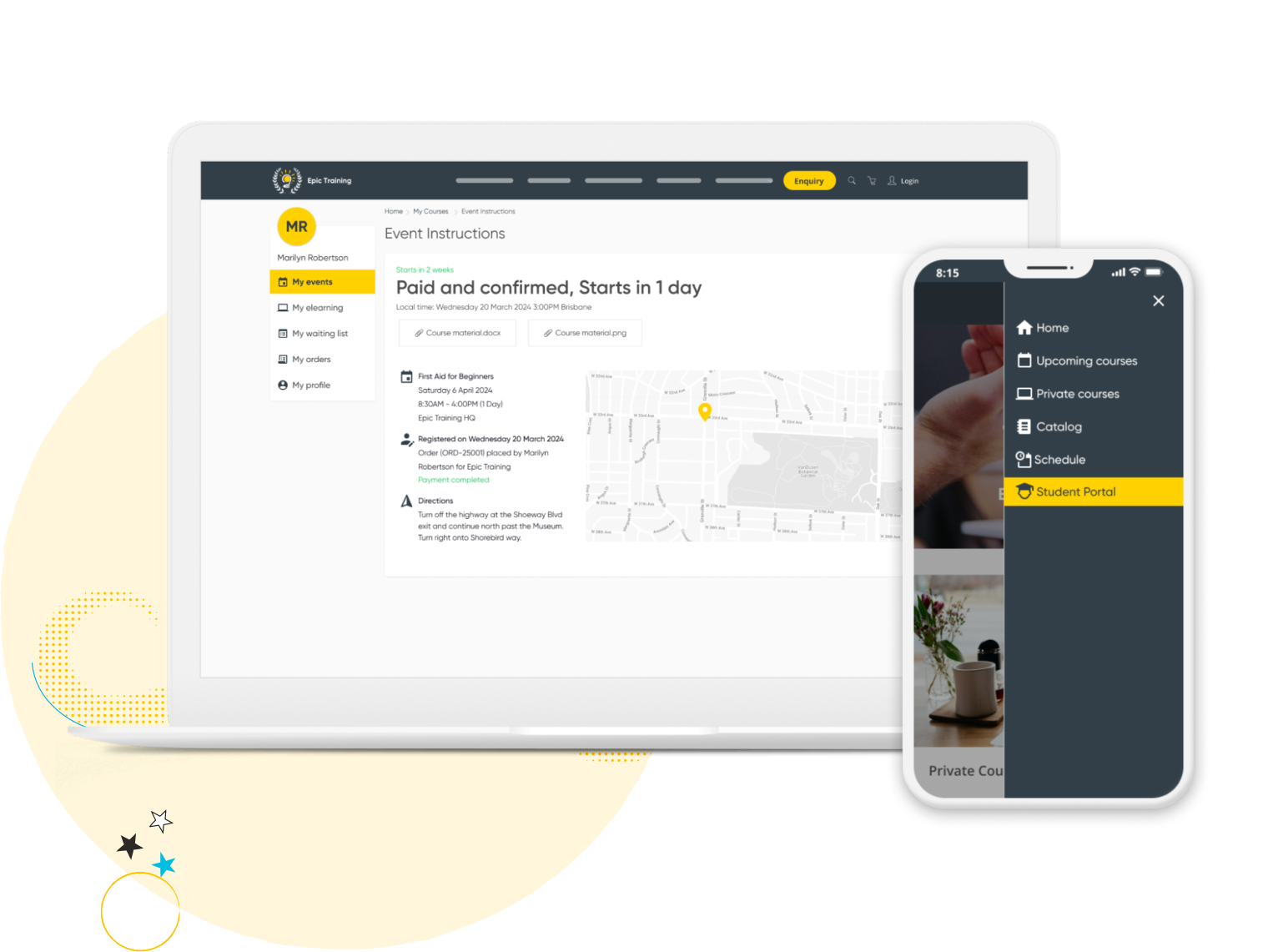 Laptop showing event instructions for a training course with map and details, next to a smartphone displaying a sidebar menu with options including Student Portal highlighted.