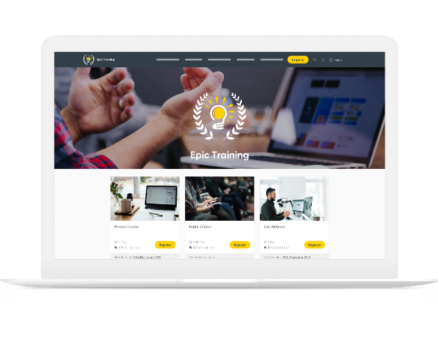 Laptop screen showing Epic Training website with course options: Private Course, Public Course, and Live Webinar, each with register buttons.
