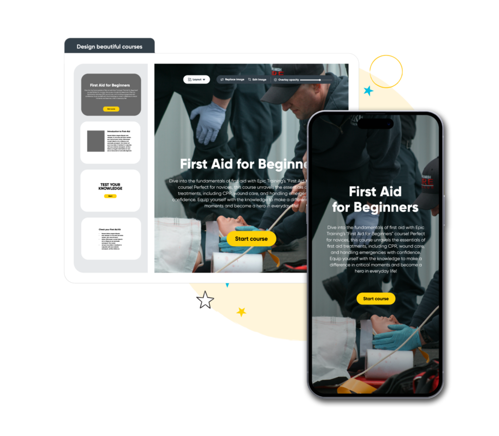 Tablet and smartphone display a First Aid for Beginners online course with an instructor practicing first aid on a dummy.