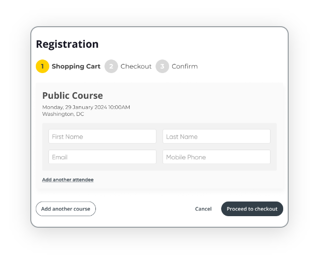 Online course registration form showing Shopping Cart step with fields for first name, last name, email, and mobile phone for a public course on January 29, 2024 in Washington, DC.