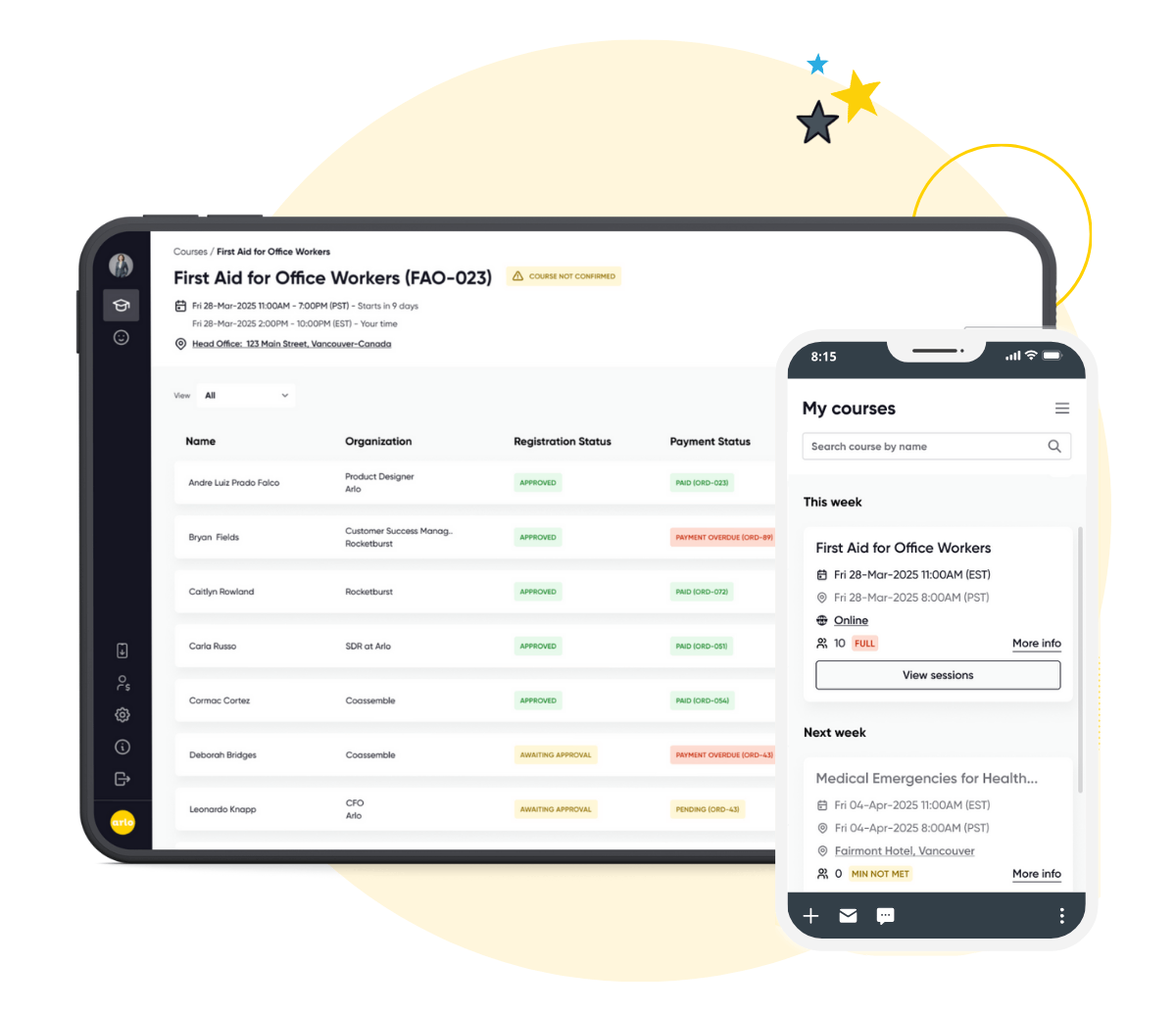 Tablet and smartphone screens showing a course management platform with a First Aid for Office Workers course, participant list with registration and payment statuses, and upcoming courses.