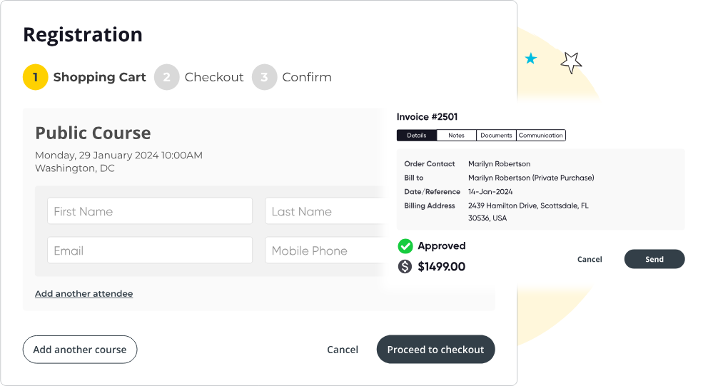 Registration page showing shopping cart step with public course details, attendee info fields, and an approved invoice summary with a total of $1499.00.