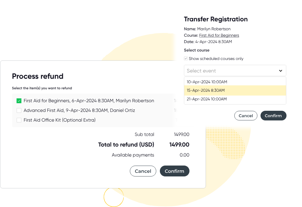 Refund process screen showing selected course 'First Aid for Beginners' with details and total refund amount of 1499.00 USD, alongside transfer registration options with course and event selection.