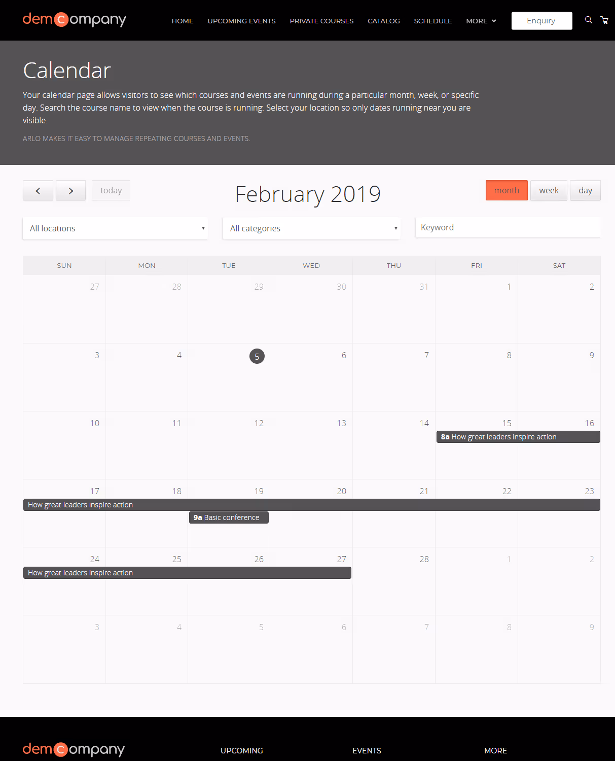 February 2019 calendar from demc company website with events including 'How great leaders inspire action' and 'Basic conference' on various dates.