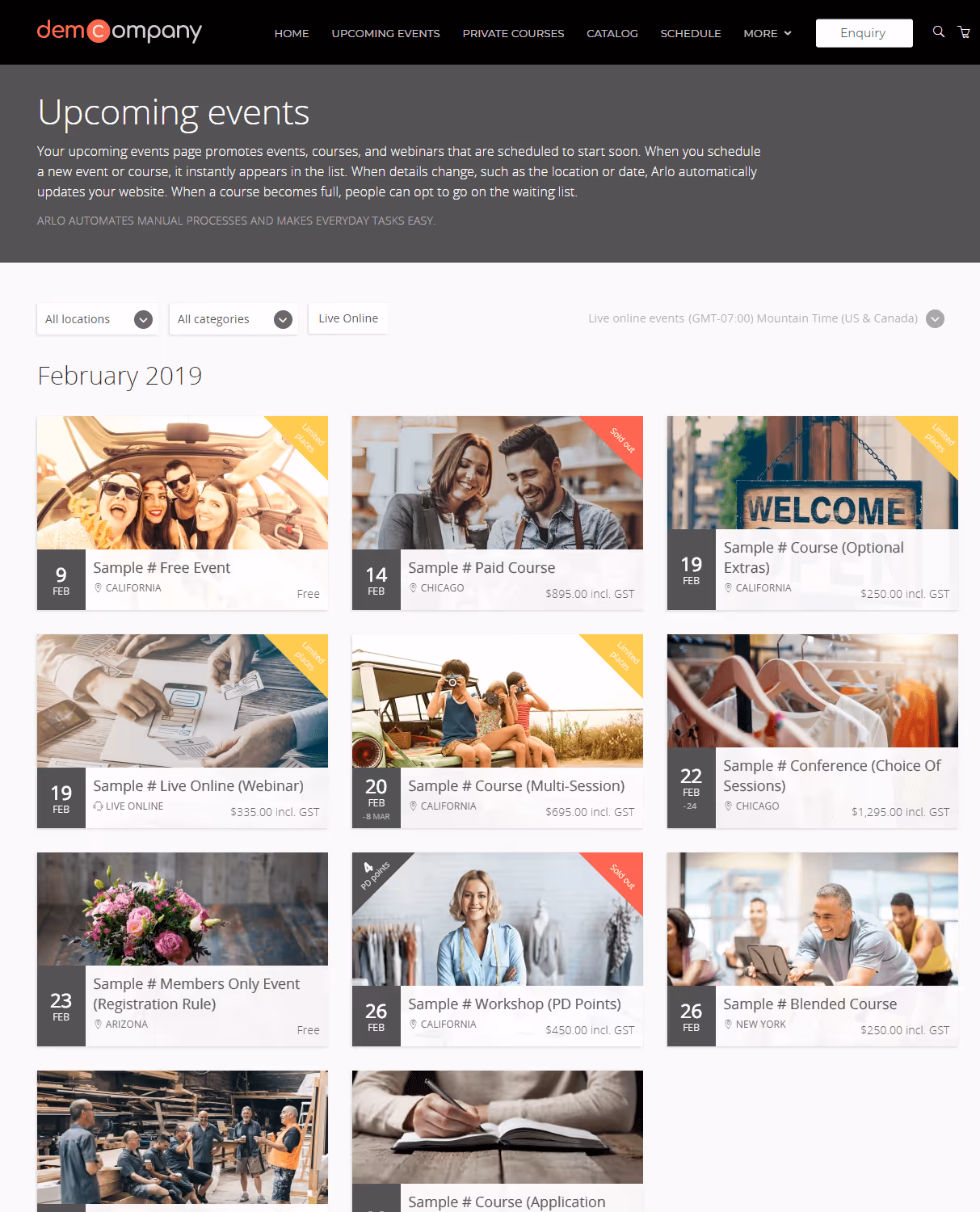 Website page listing upcoming events and courses in February 2019 with images, dates, locations, and prices including free and paid options.