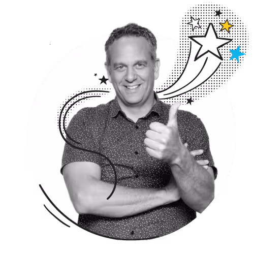 Smiling man with crossed arms giving a thumbs-up, with decorative stars around his head.