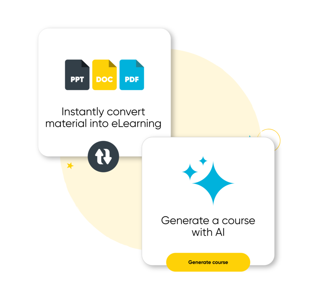 Icons representing PPT, DOC, and PDF files with text 'Instantly convert material into eLearning' and a panel with sparkling blue stars and text 'Generate a course with AI' with a yellow button labeled 'Generate course'.