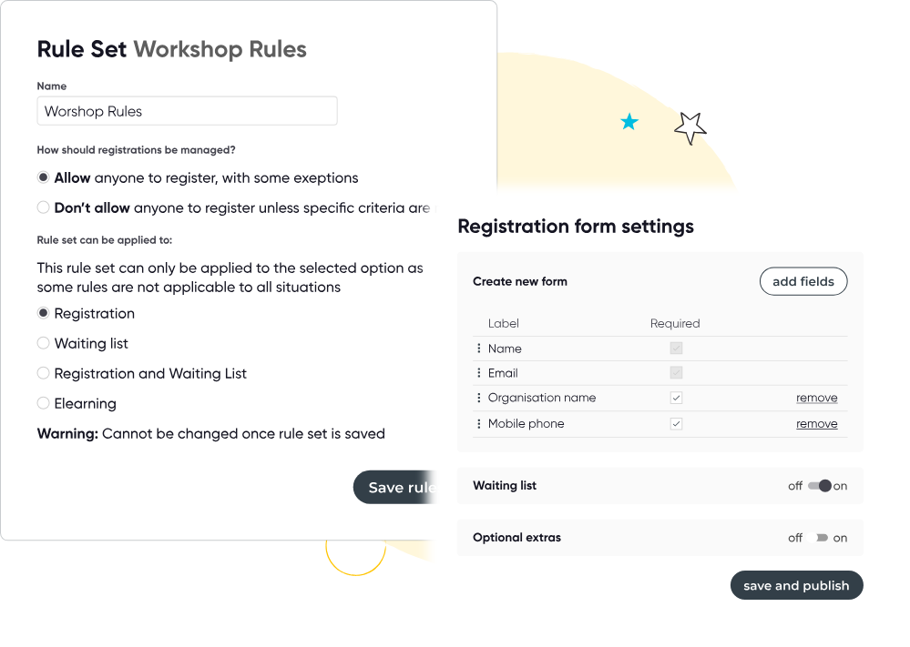 User interface for Workshop Rules with options to allow or restrict registrations, apply rule sets to Registration, Waiting list, or Elearning, and Registration form settings to add fields like Name, Email, Organisation name, and Mobile phone, with toggles for Waiting list and Optional extras.