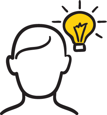Outline of a person’s head with a glowing yellow light bulb above it representing an idea.