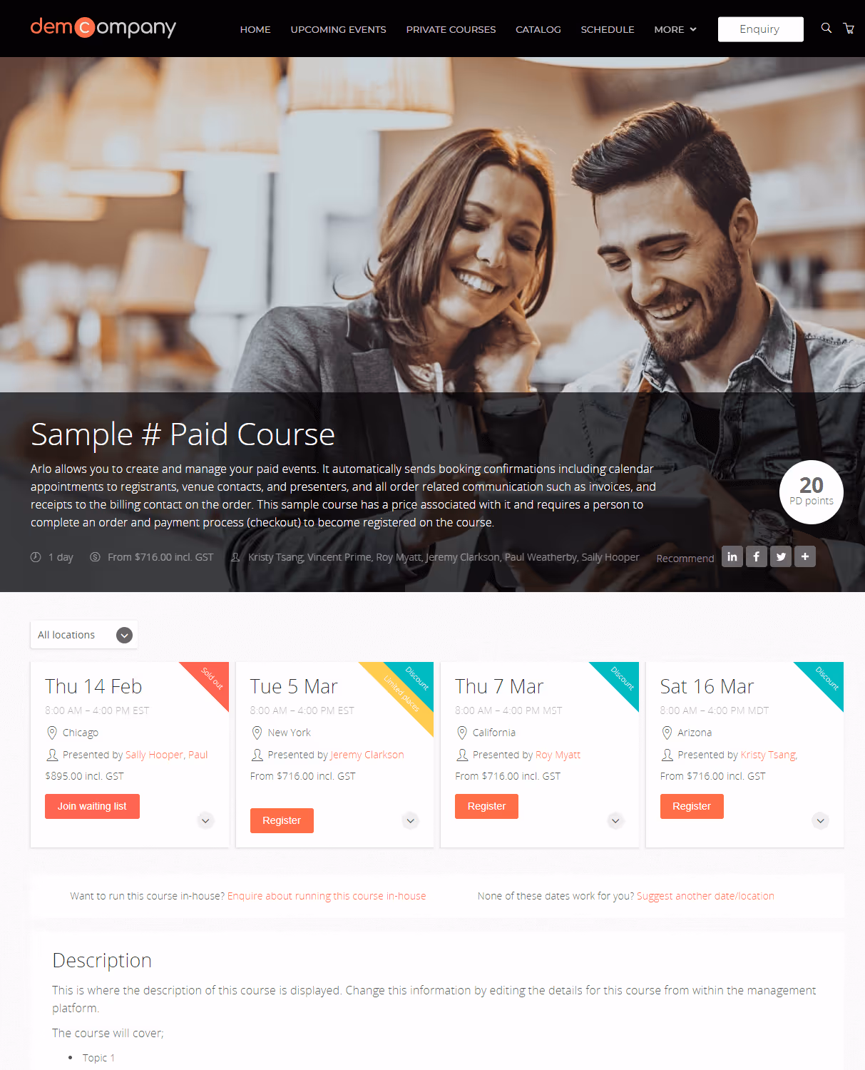 Website page showing a Sample Paid Course with a smiling man and woman in the background, details about the course, dates, locations, presenters, and registration options.