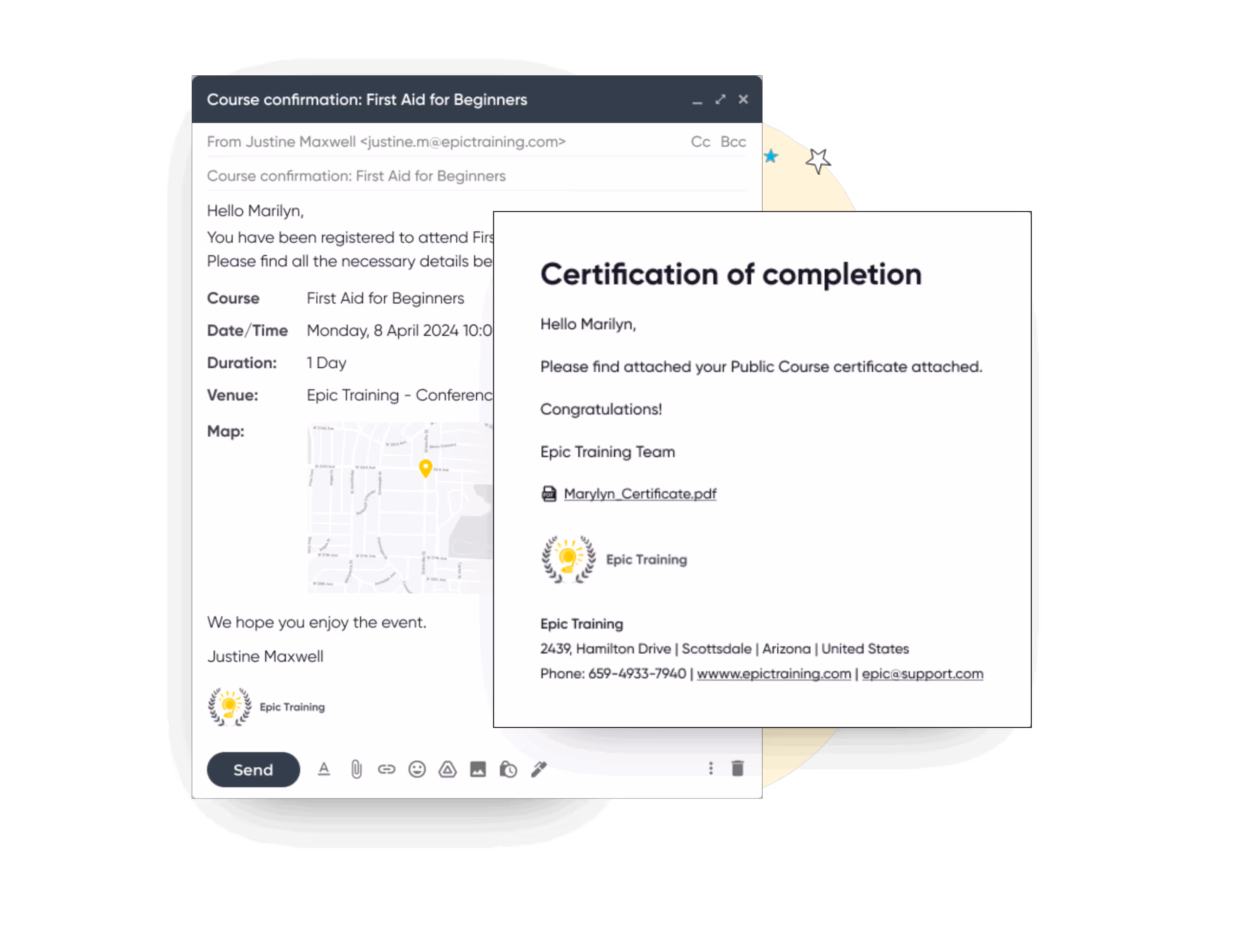 Email screen showing first aid course confirmation and certificate of completion sent to Marilyn from Epic Training.