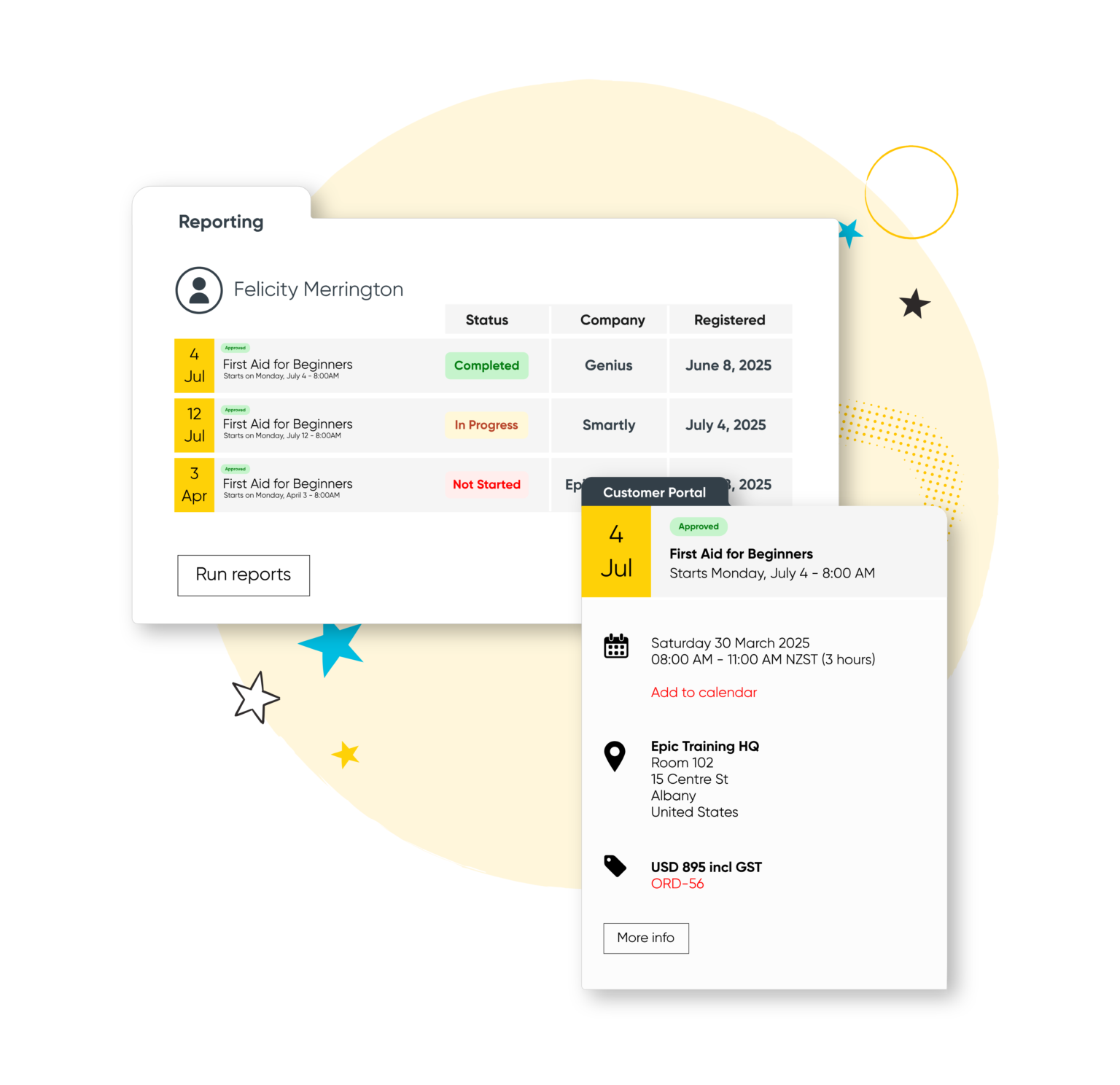 User Felicity Merrington's training report showing statuses of First Aid for Beginners courses and detailed event info for the July 4 session at Epic Training HQ.