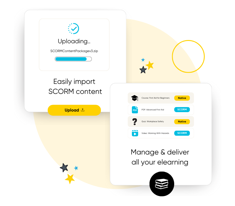 User interface showing SCORM content uploading with progress bar and buttons to upload and manage e-learning materials including courses, PDFs, quizzes, and videos.