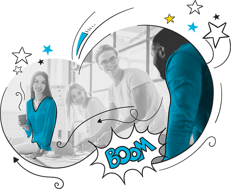 Four people smiling and interacting in a bright office setting with stylized blue highlights on their clothes and a comic-style 'Boom' graphic overlay.