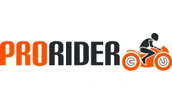PRO RIDER logo with stylized motorcycle and rider icon in orange and black.