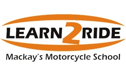 Logo for Learn2Ride Mackay's Motorcycle School with stylized text and an orange arc above.