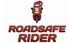 Red cartoon motorcycle rider wearing a helmet above the bold text 'ROADSAFE RIDER'.