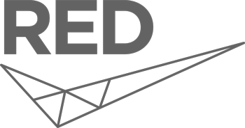 Logo with the word RED in bold letters and a triangular, web-like geometric design extending from the bottom left.