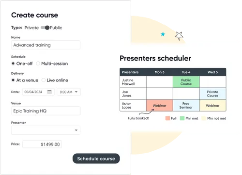 Course creation form showing options for public course 'Advanced training' scheduled as one-off at Epic Training HQ on 06/04/2024 at 8:00 AM with price $1499 and a presenters scheduler table indicating presenter availability and booking status.