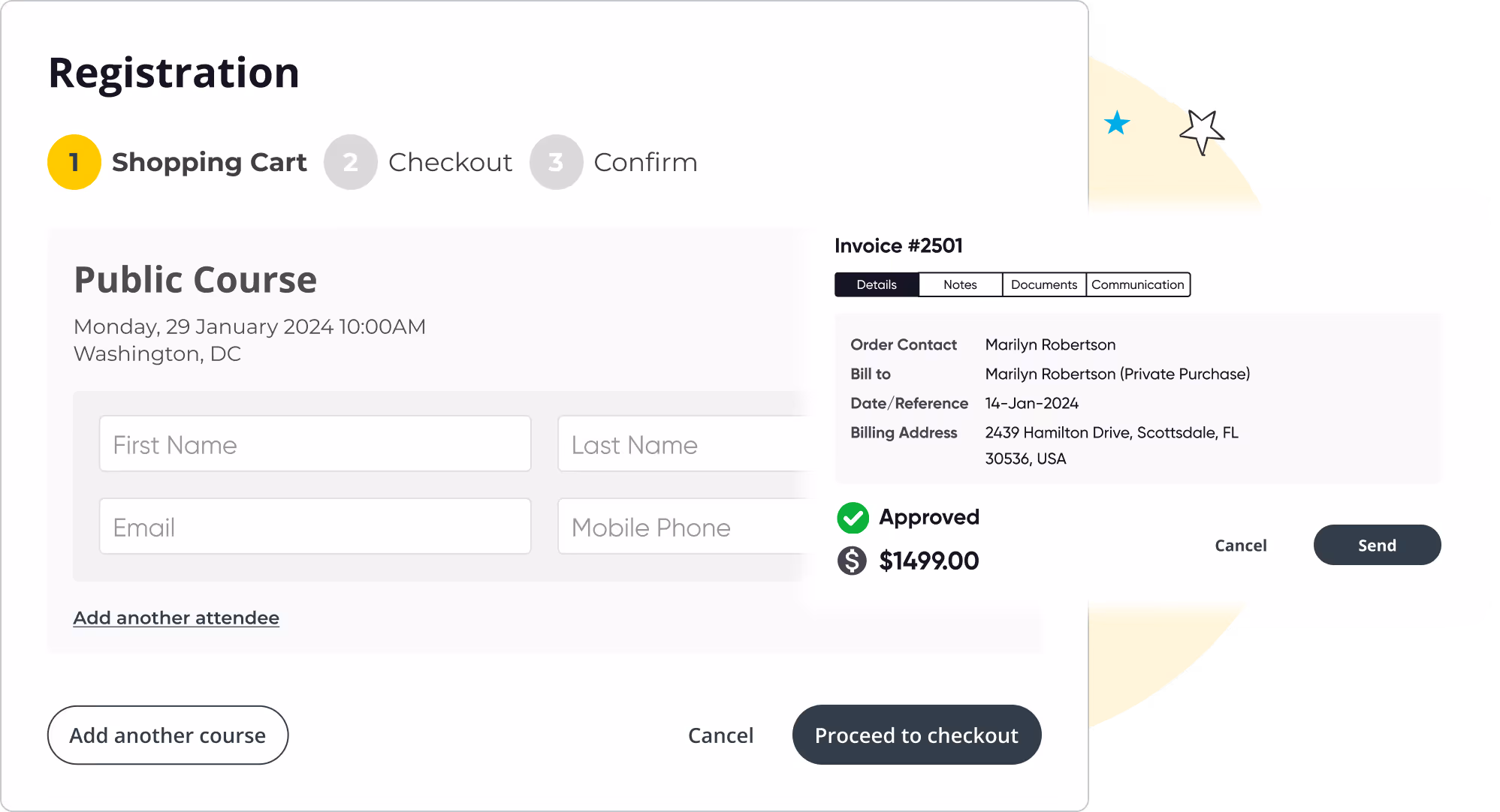 Registration form showing Shopping Cart step for a Public Course on January 29, 2024, in Washington, DC with fields for first name, last name, email, and mobile phone, plus options to add attendees or courses, and a sidebar invoice for $1499 approved for Marilyn Robertson with billing details.