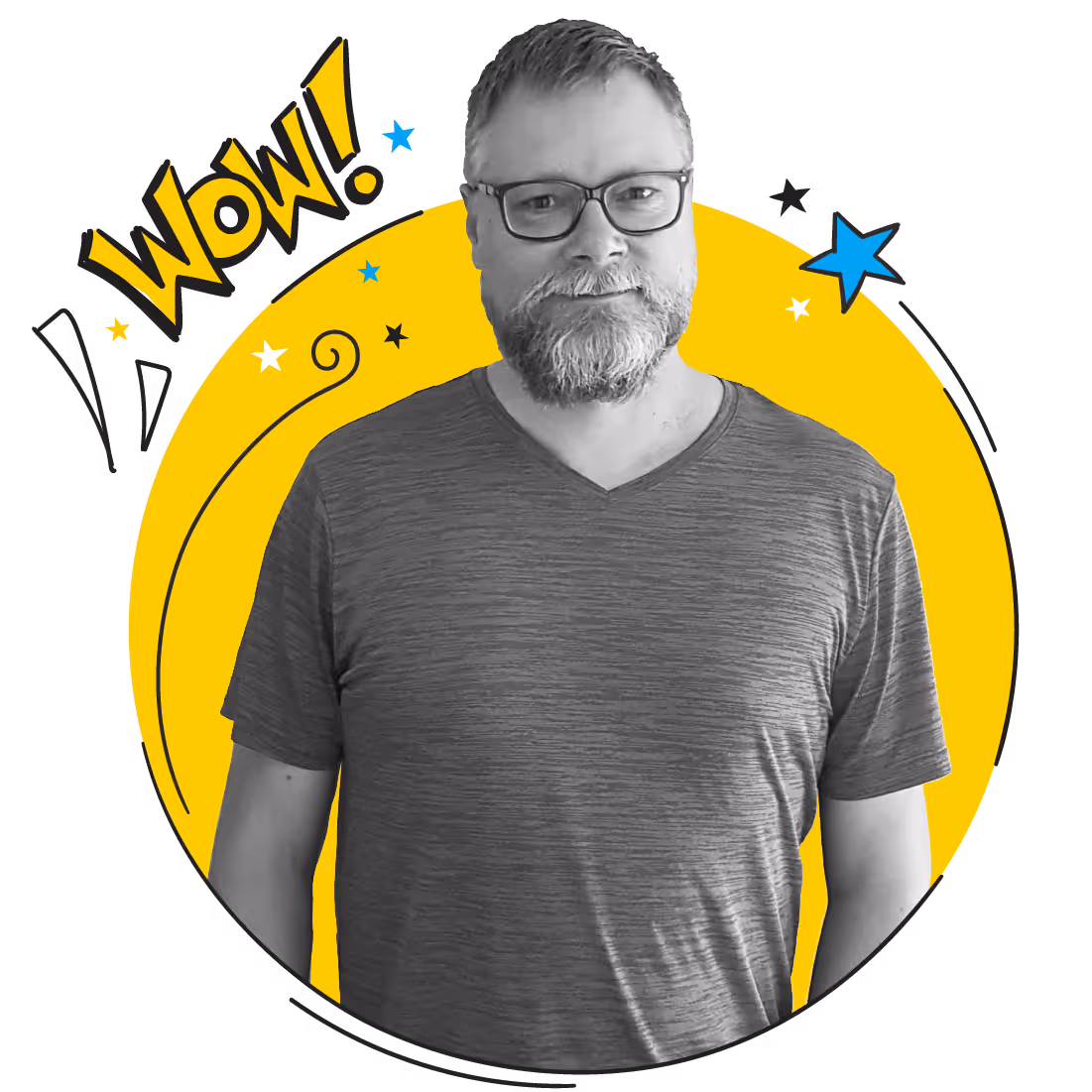 Bearded man with glasses wearing a gray t-shirt, in front of a yellow circle with decorative stars and the word 'Wow!'