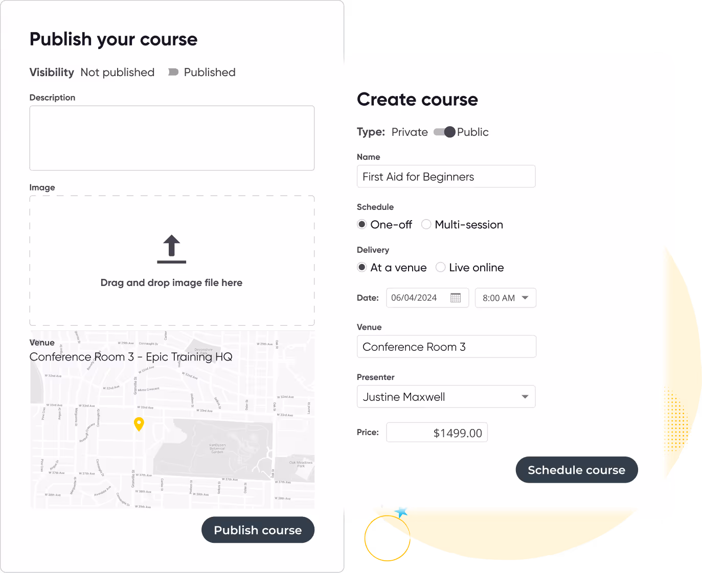User interface showing two forms for creating and publishing a course titled 'First Aid for Beginners' with options for visibility, type, schedule, delivery, date, venue, presenter, price, and image upload.