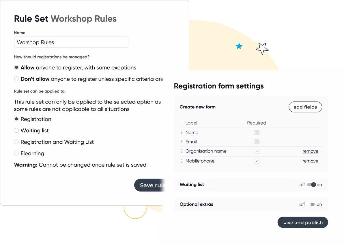 Screens showing workshop registration rules with options for managing registrations and rule applicability, and registration form settings with fields and toggles for waiting list and optional extras.