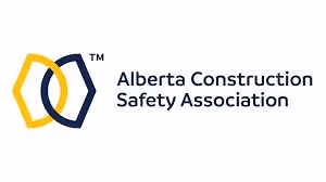 Logo of Alberta Construction Safety Association with interlocking yellow and dark blue shapes.
